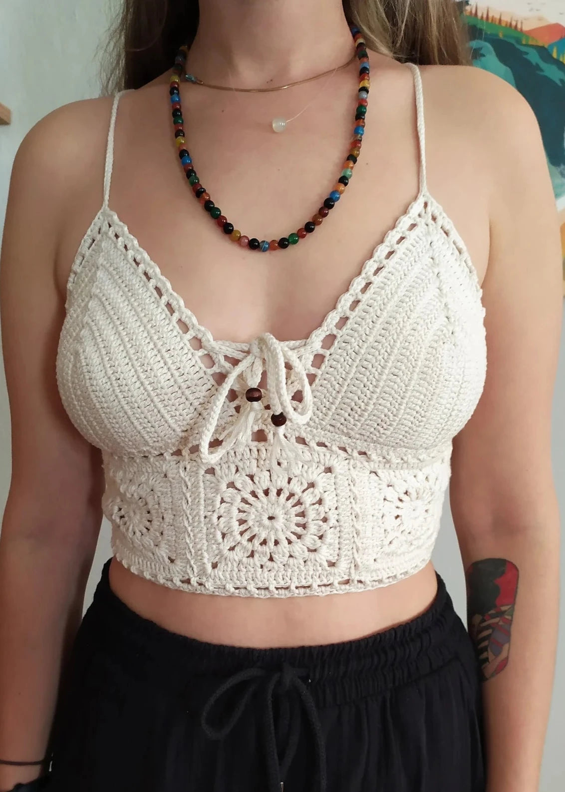 Ecru Crochet Top, Ecru Granny Square Top, Vegan Knit Top, Crochet Halter Top, Summer Festival Top, Hippie Boho Top, Summer Gift For Her