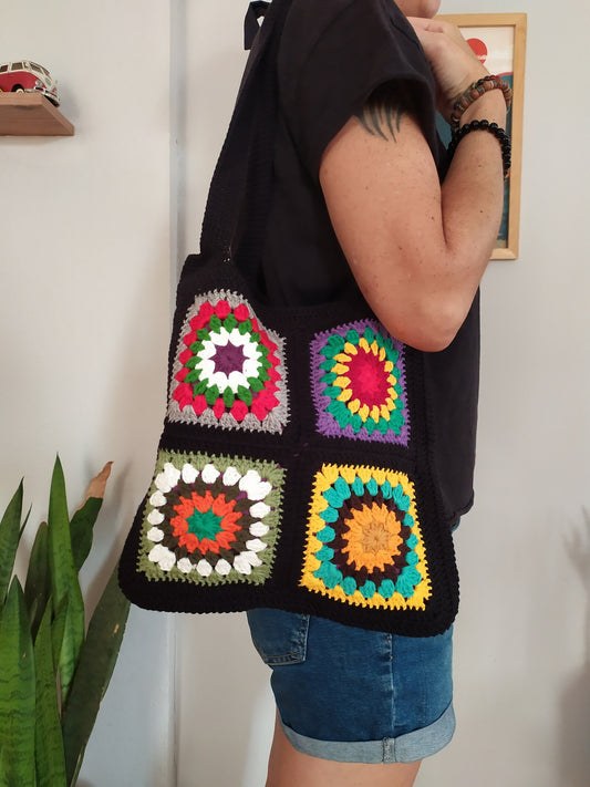 Colorful Crochet Black, Black Handknit Bag, Beach Summer Boho Granny Square, Vintage Hippie , Summer Bag, Christmas Gifts