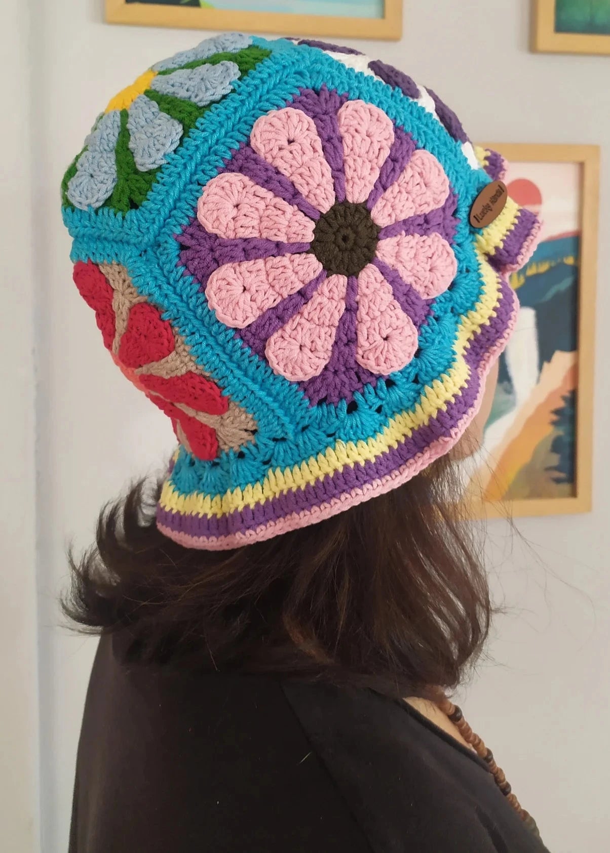 Blue Crochet Daisy Bucket Hat, Knit Flower Hat, Colorful Festival Hippi Crochet Winter Bucket Hat, Knitted Hat, Gift For Her