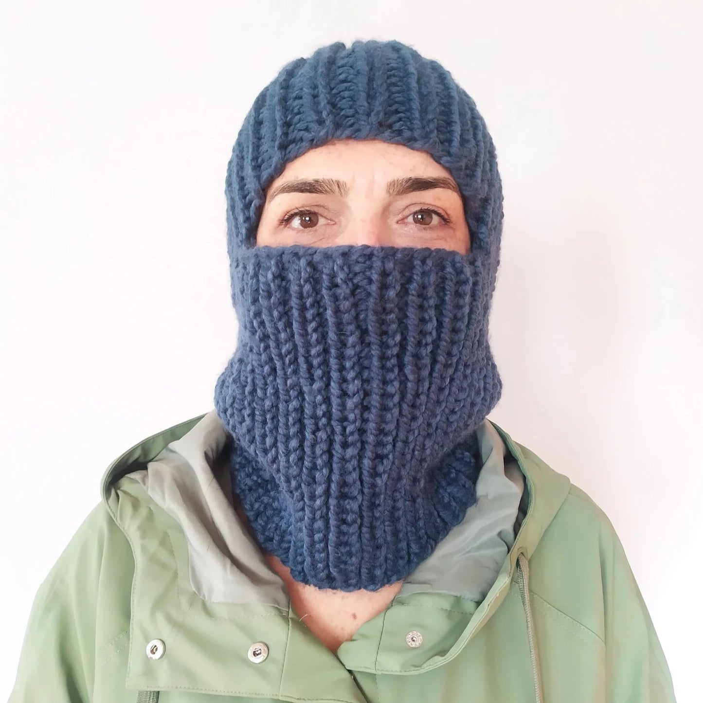 Dark Blue Chunky Wool Balaclava, Balaclava Knit Hat Beanie, , Knitted Balaclava Beanie, Elastic Braided Balaclava Head, Crochet Ski Mask