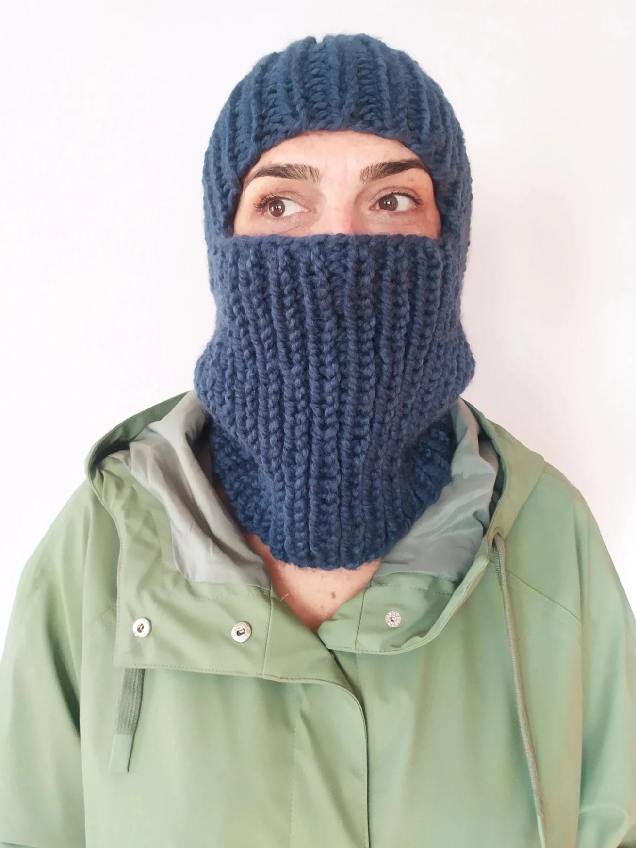 Dark Blue Chunky Wool Balaclava, Balaclava Knit Hat Beanie, , Knitted Balaclava Beanie, Elastic Braided Balaclava Head, Crochet Ski Mask