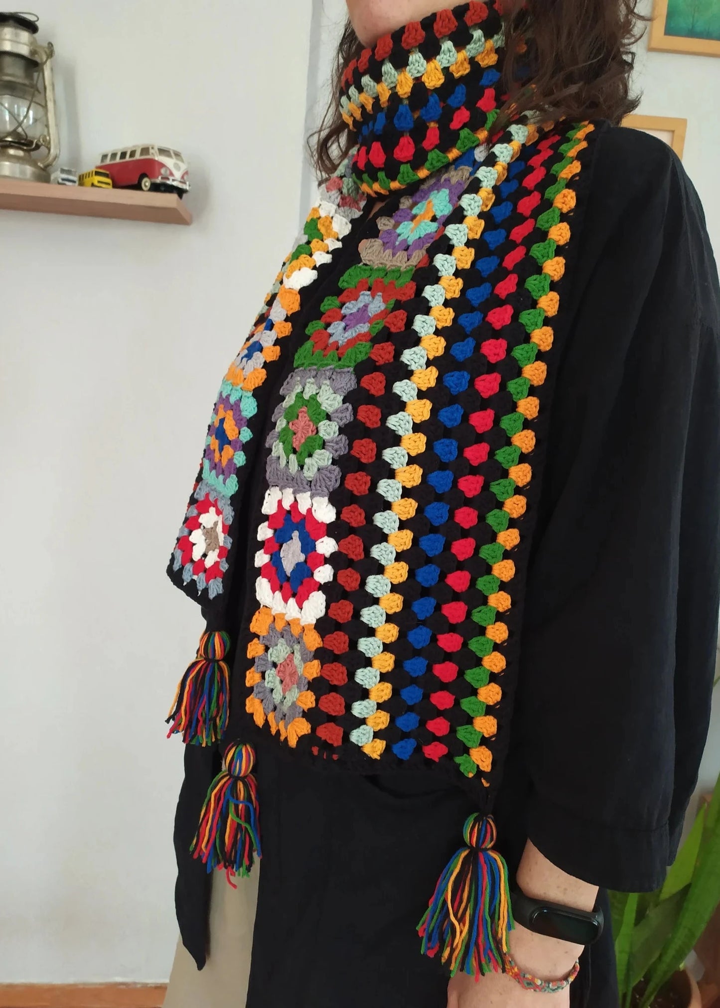 Black Granny Square Scarf, Long Winter Retro Knit Scarf, Colorful Retro Scarf, Knit Weft, Crochet Woman Scarf, Christmas Gift For Her