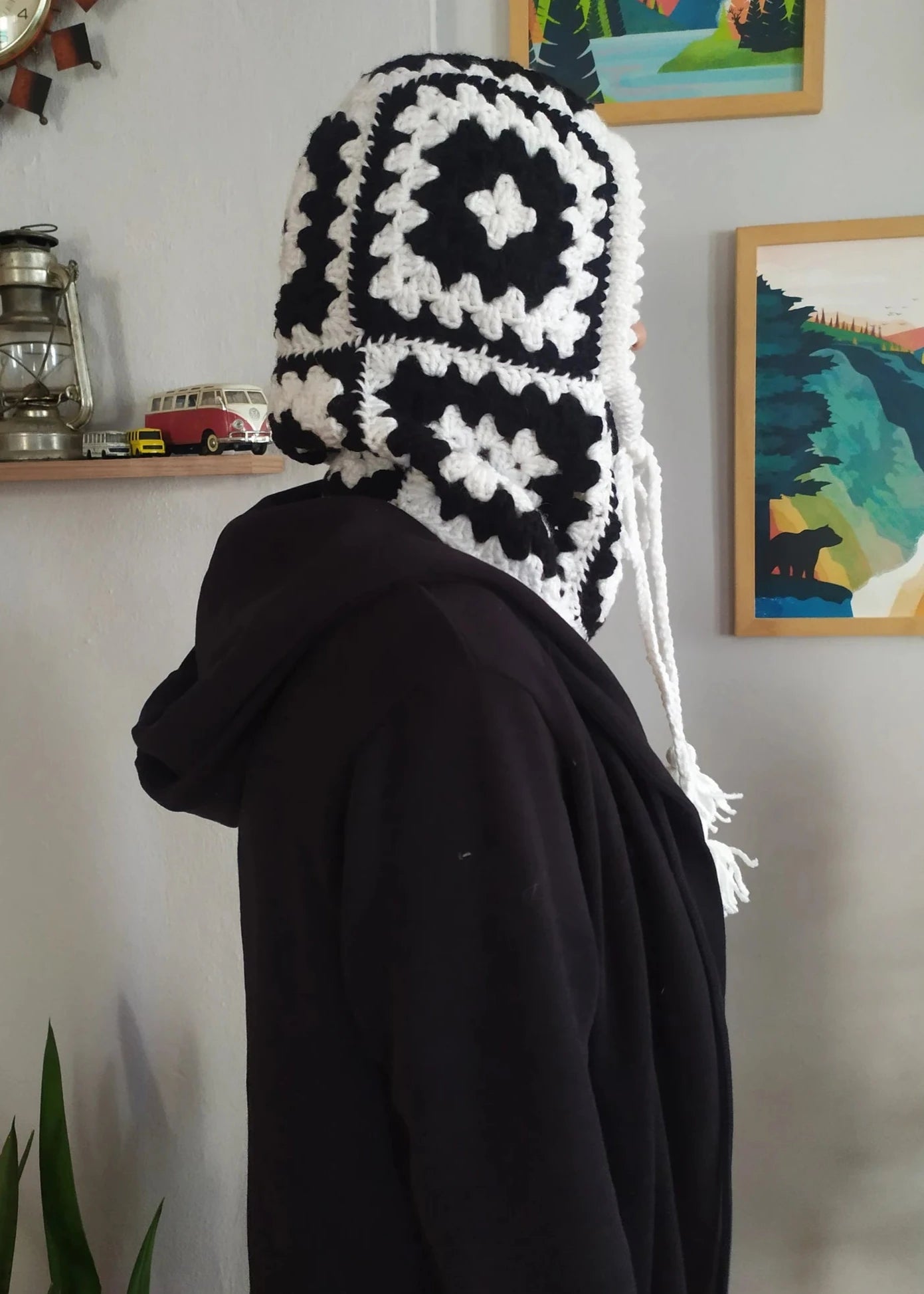 Black and White Granny Square Crochet Balaclava, Winter Clothing, Handknit Balaclava, Winter Warm Hat, Black and White Ski Mask