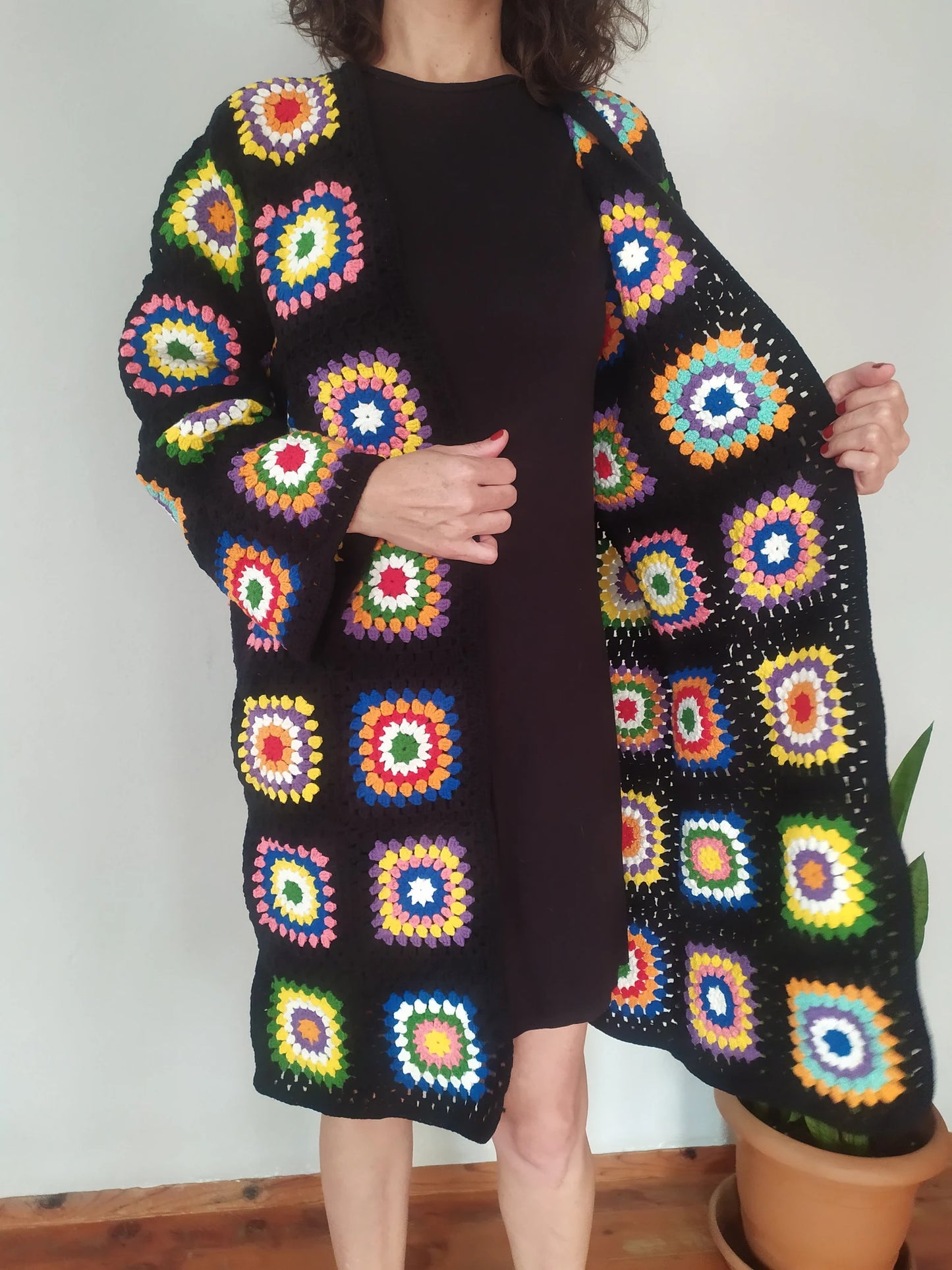 Ready For Ship Black Crochet Cardigan, Vintage Granny Square Long Cardigan, Colorful Cardigan, Handmade Winter Cardigan