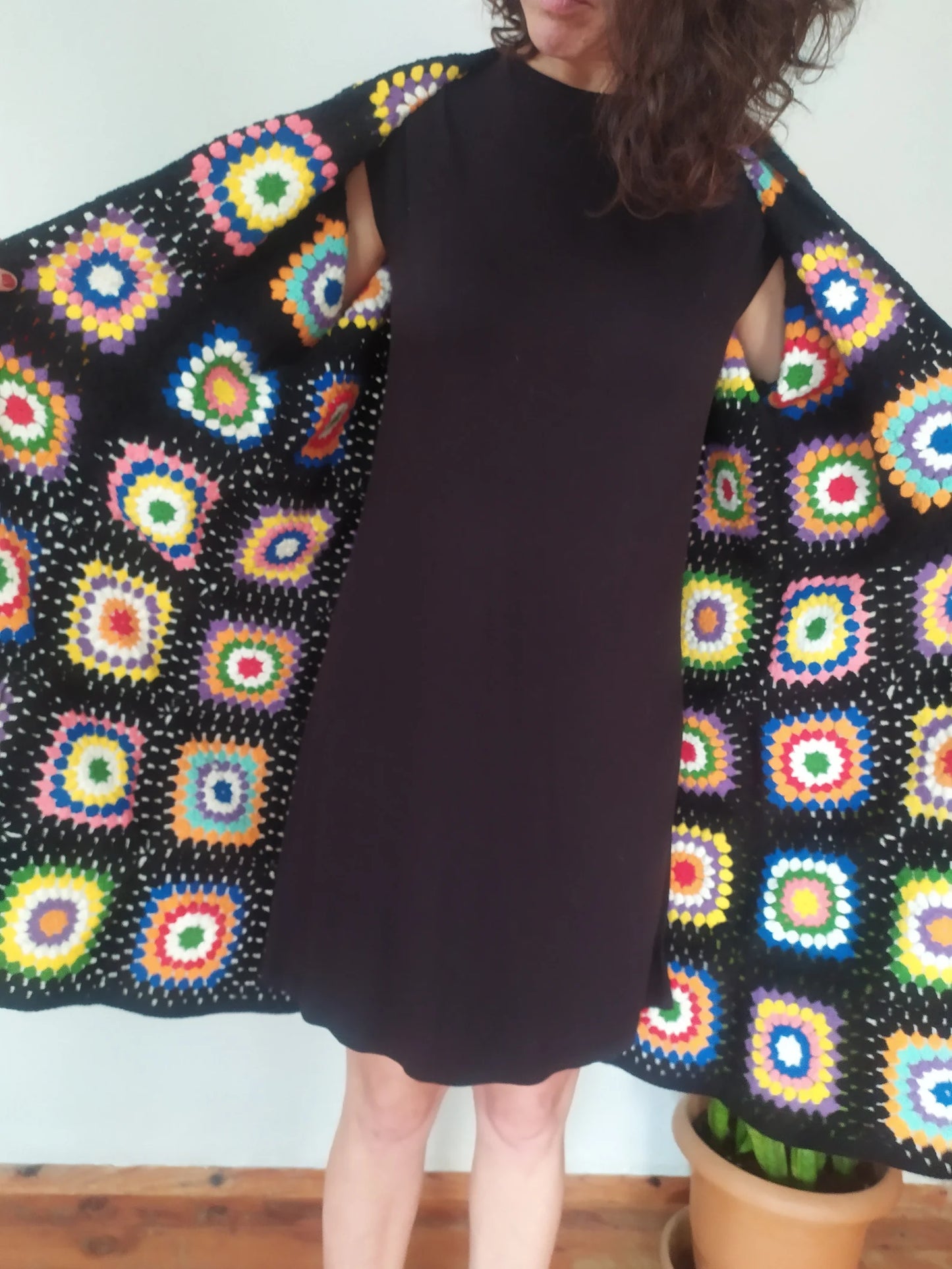 Ready For Ship Black Crochet Cardigan, Vintage Granny Square Long Cardigan, Colorful Cardigan, Handmade Winter Cardigan