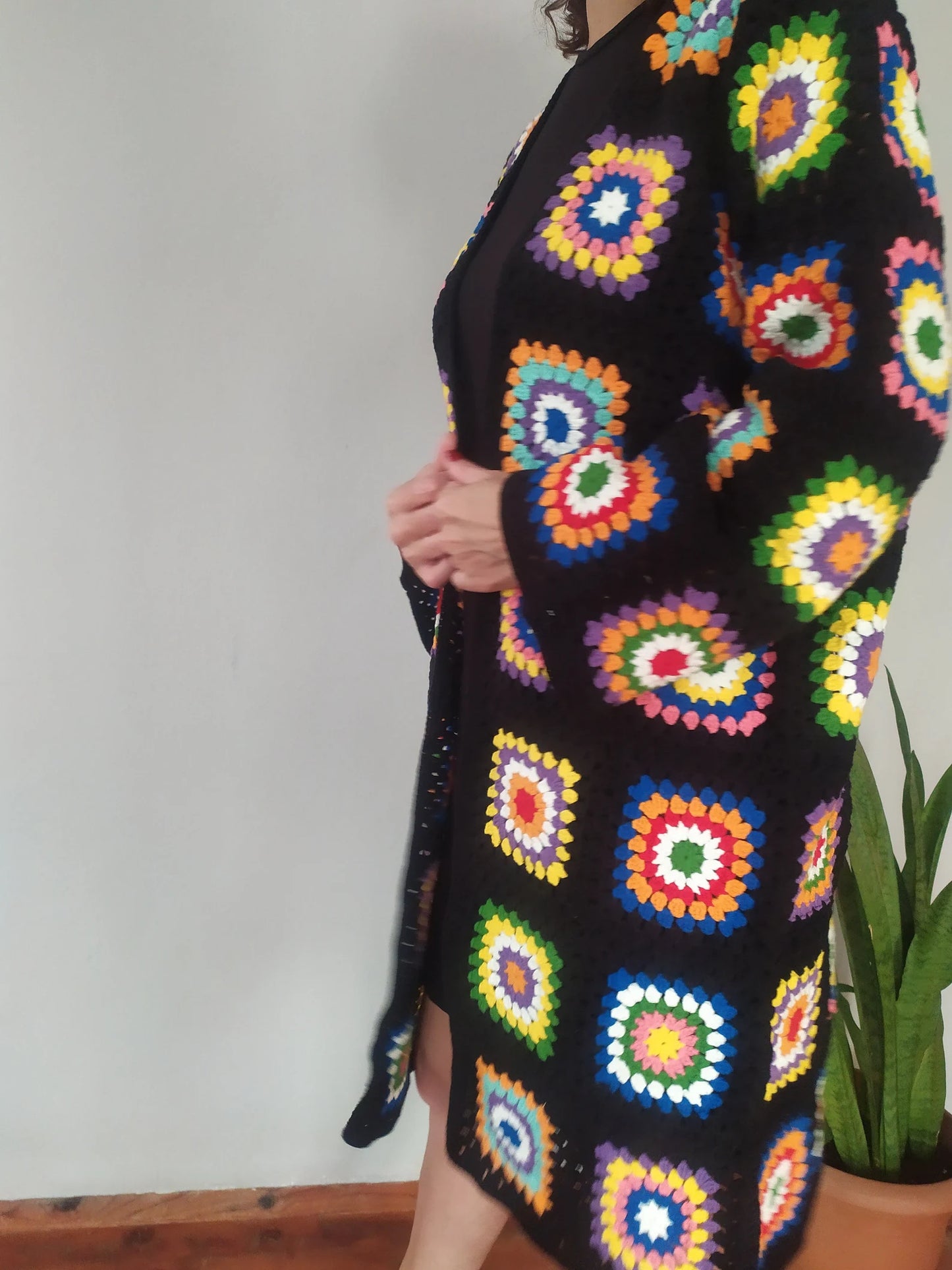 Ready For Ship Black Crochet Cardigan, Vintage Granny Square Long Cardigan, Colorful Cardigan, Handmade Winter Cardigan