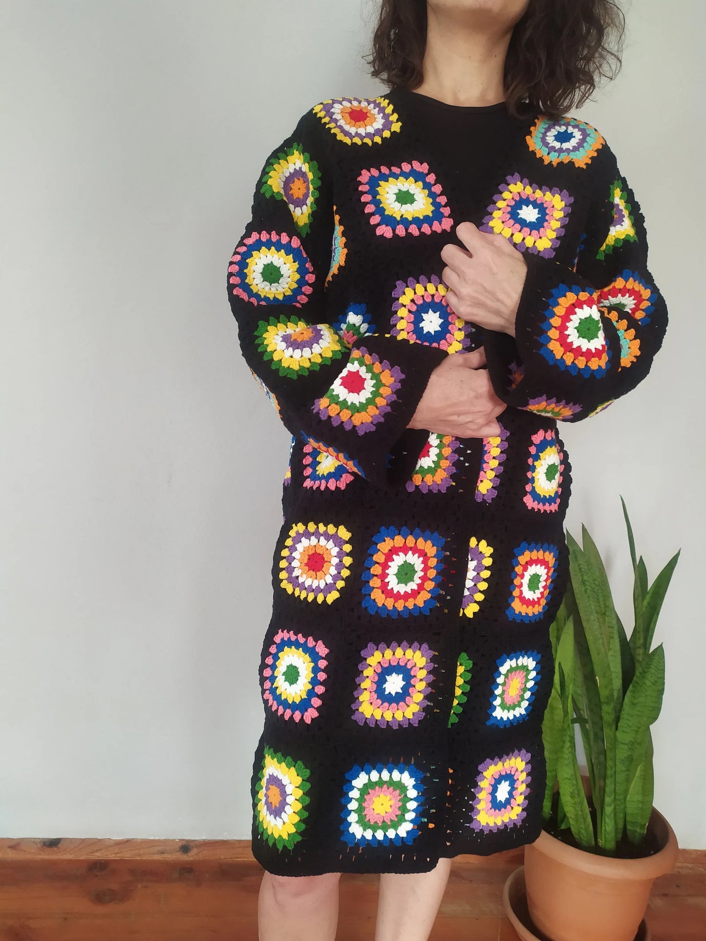 Ready For Ship Black Crochet Cardigan, Vintage Granny Square Long Cardigan, Colorful Cardigan, Handmade Winter Cardigan