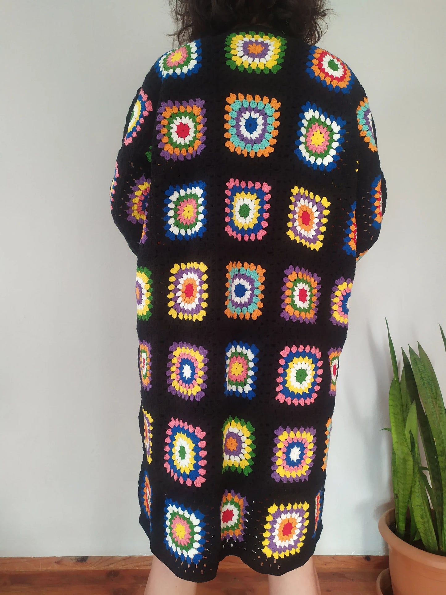 Ready For Ship Black Crochet Cardigan, Vintage Granny Square Long Cardigan, Colorful Cardigan, Handmade Winter Cardigan