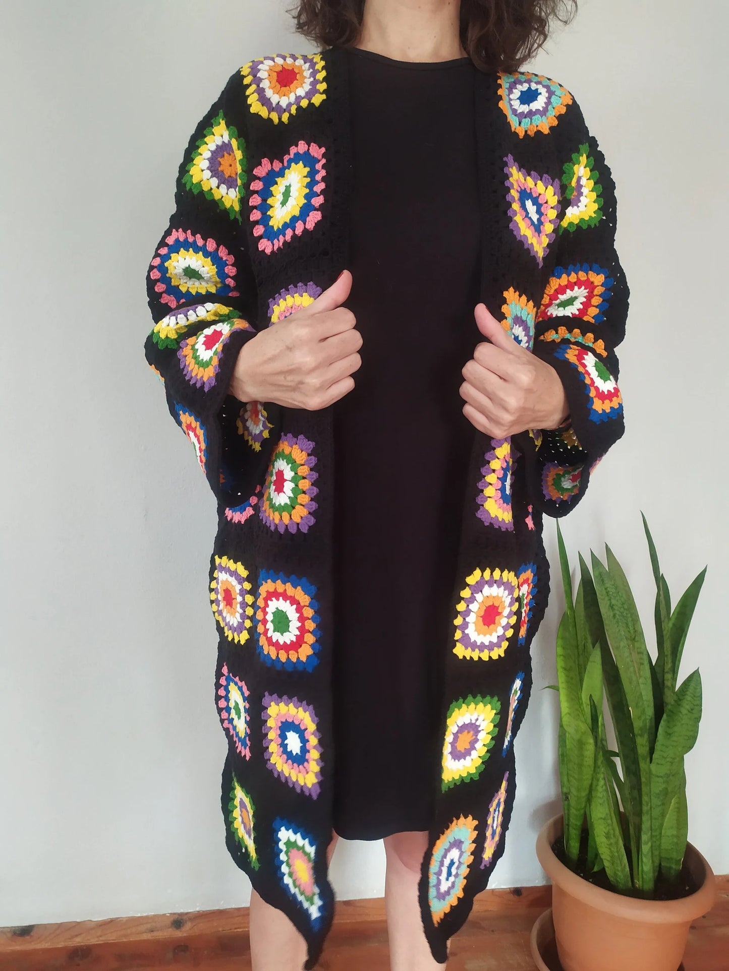 Ready For Ship Black Crochet Cardigan, Vintage Granny Square Long Cardigan, Colorful Cardigan, Handmade Winter Cardigan