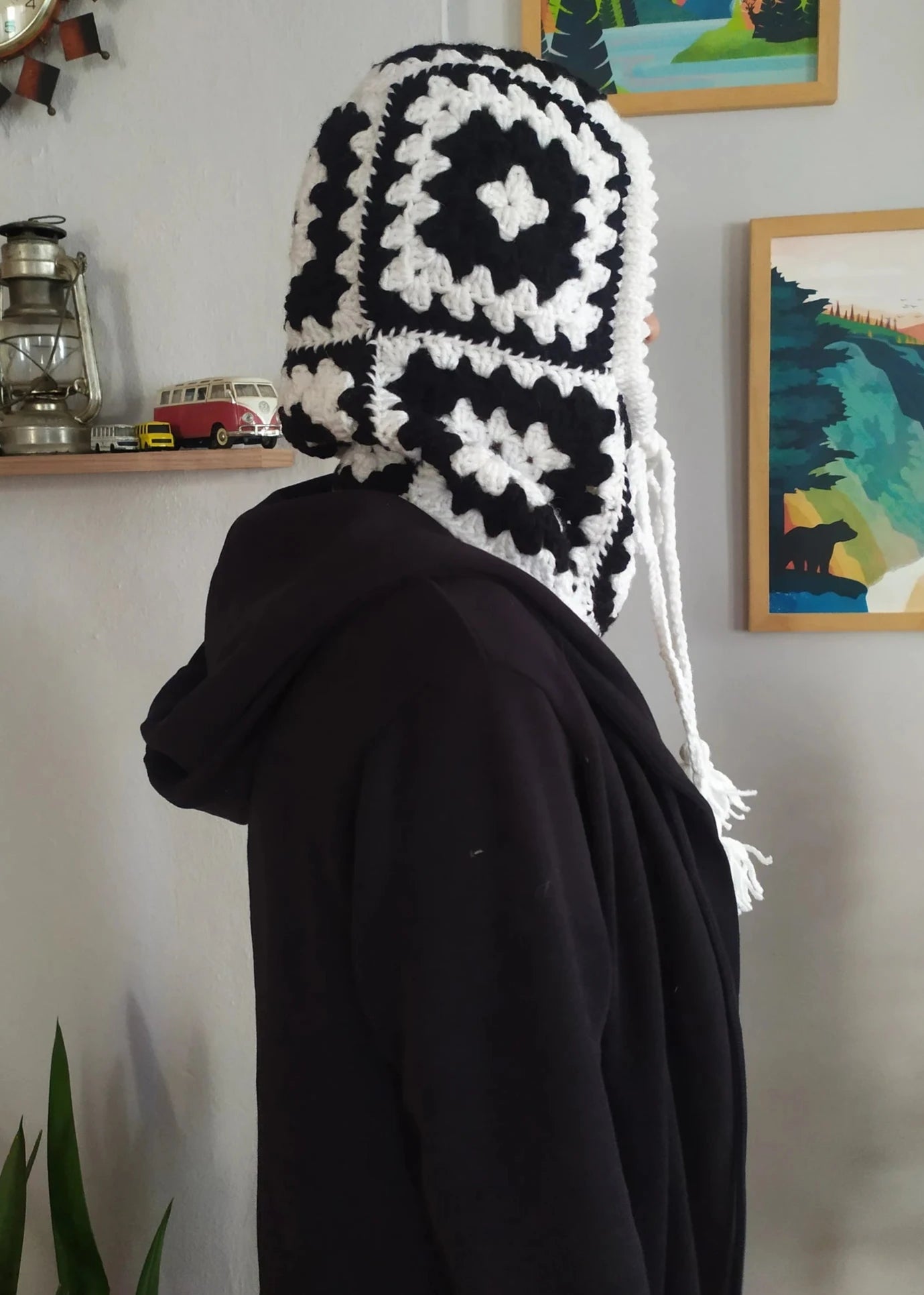 Black and White Granny Square Crochet Balaclava, Winter Clothing, Handknit Balaclava, Winter Warm Hat, Black and White Ski Mask