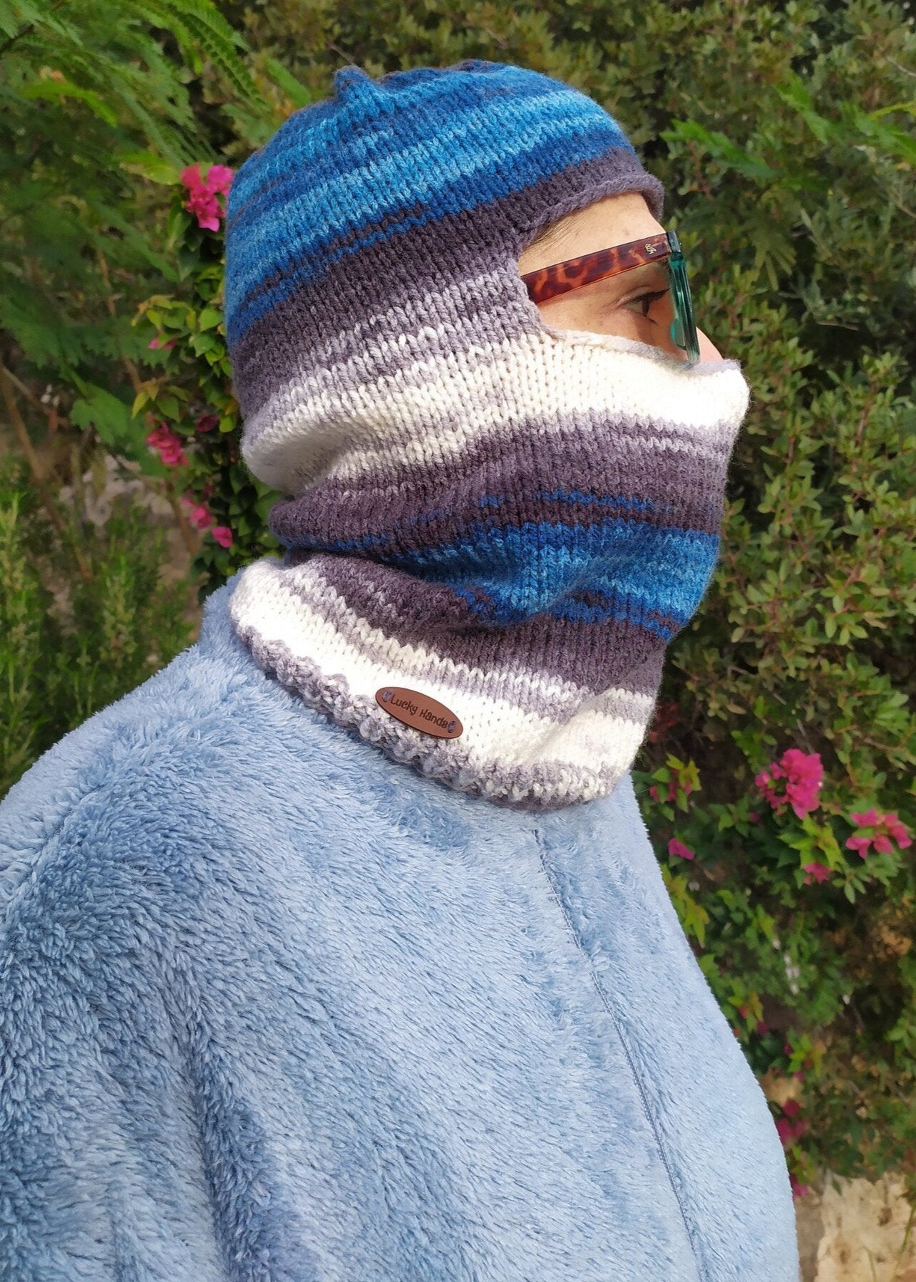 Warm Winter Ski Mask, Vegan Blue Knit Balaclava, Colorful Crochet Winter Balaclava, Handmade Winter Crochet, Vegan Handknit Winter Hat