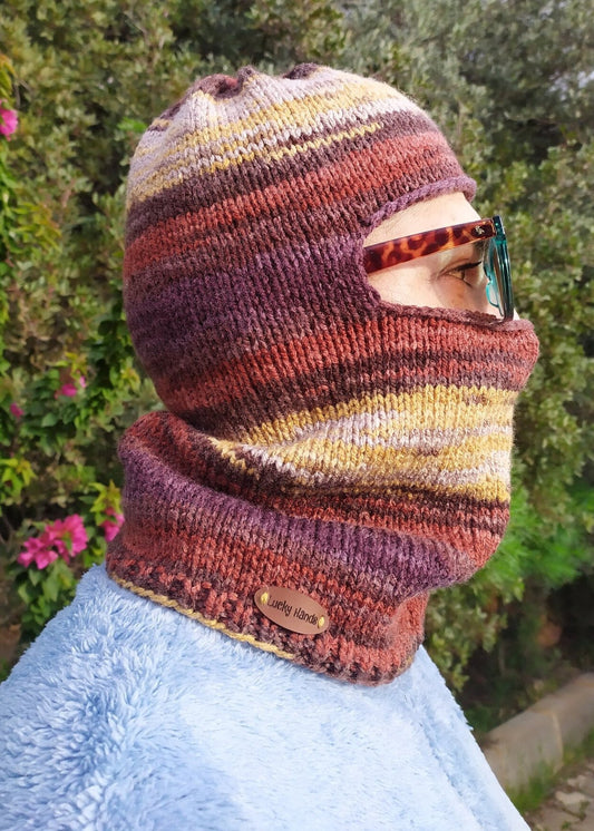 Vegan Brown Colorful HandKnit Balaclava, Colorful Crochet Winter Balaclava, Warm Winter Ski Mask, Handknit Winter Hat