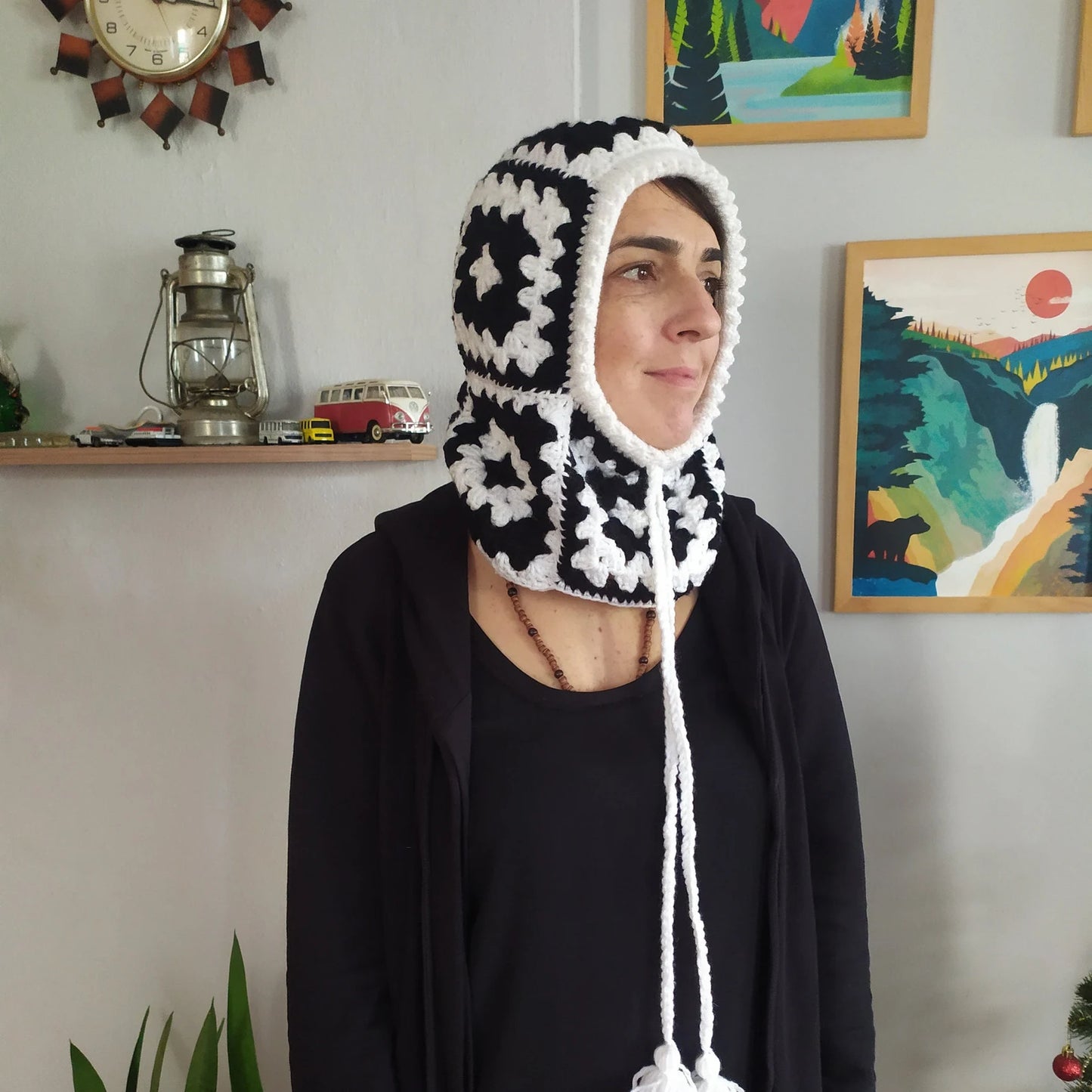 Black and White Granny Square Crochet Balaclava, Winter Clothing, Handknit Balaclava, Winter Warm Hat, Black and White Ski Mask