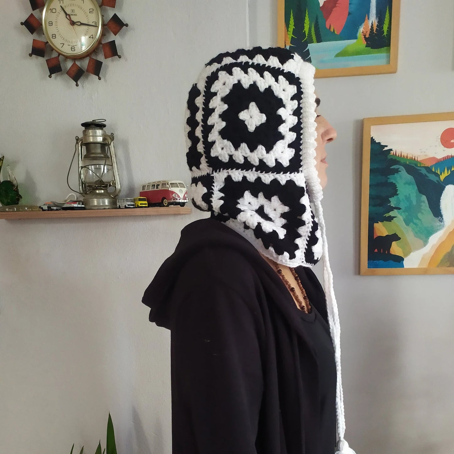 Black and White Granny Square Crochet Balaclava, Winter Clothing, Handknit Balaclava, Winter Warm Hat, Black and White Ski Mask