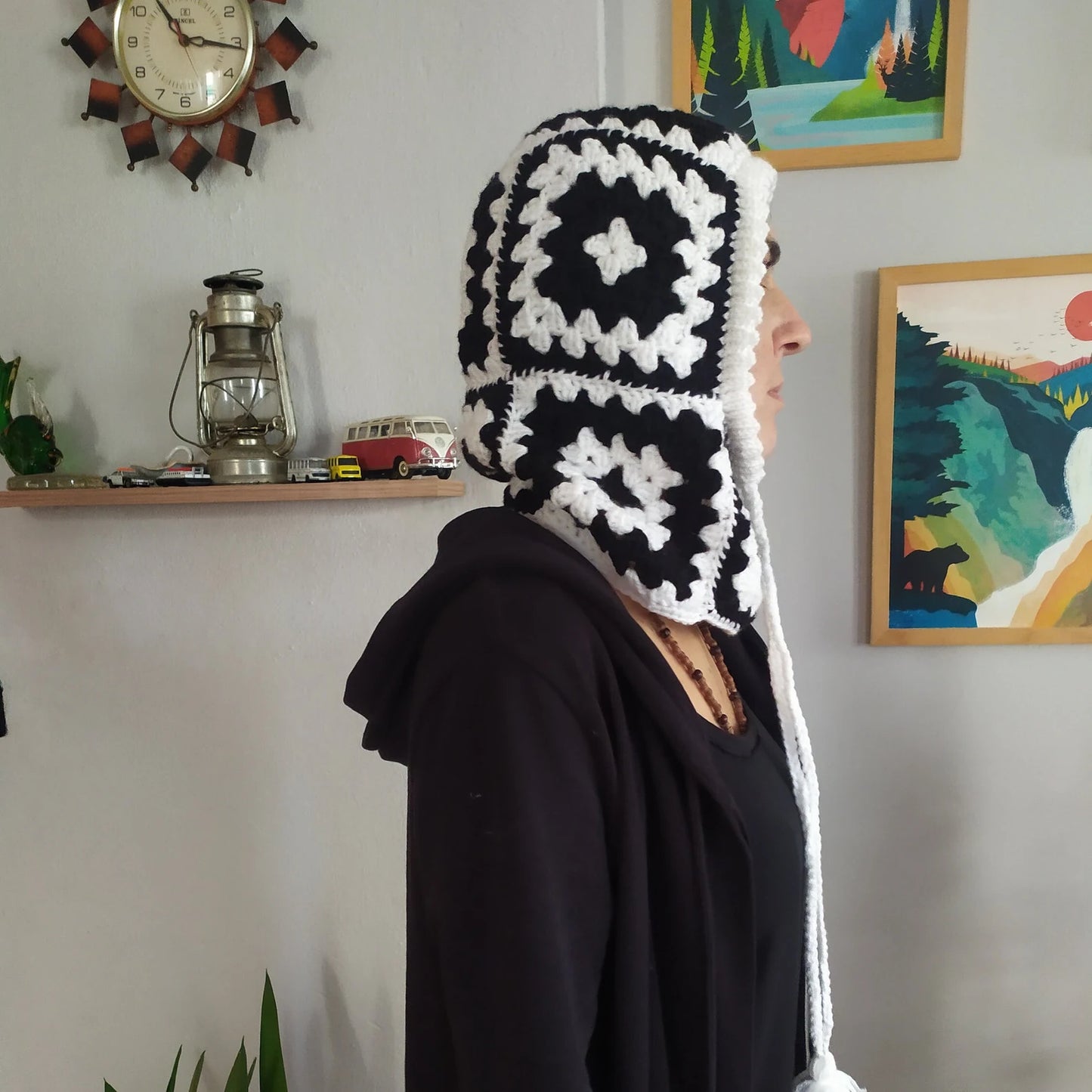 Black and White Granny Square Crochet Balaclava, Winter Clothing, Handknit Balaclava, Winter Warm Hat, Black and White Ski Mask