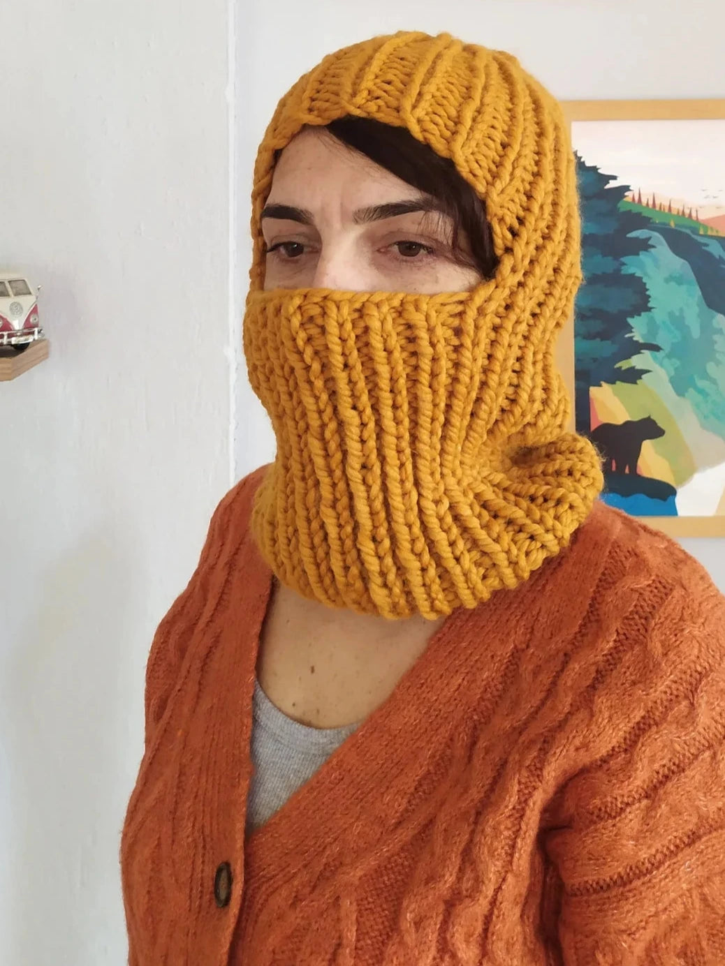 Mustard Yellow Chunky Wool Balaclava, Balaclava Knit Ski Mask, Knitted Balaclava Beanie, Elastic Braided Balaclava Head, Gift For Her Him