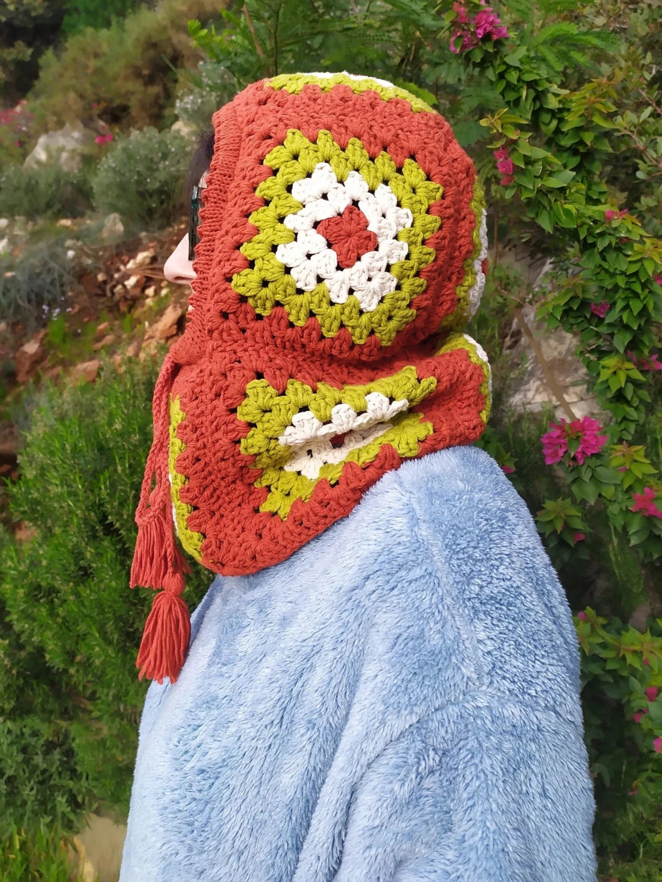 Cinnamon Color Granny Square Balaclava, Vegan Colorful Warm Winter Hat, Winter Clothing, Handknit Balaclava, Handmade Crochet Ski Mask