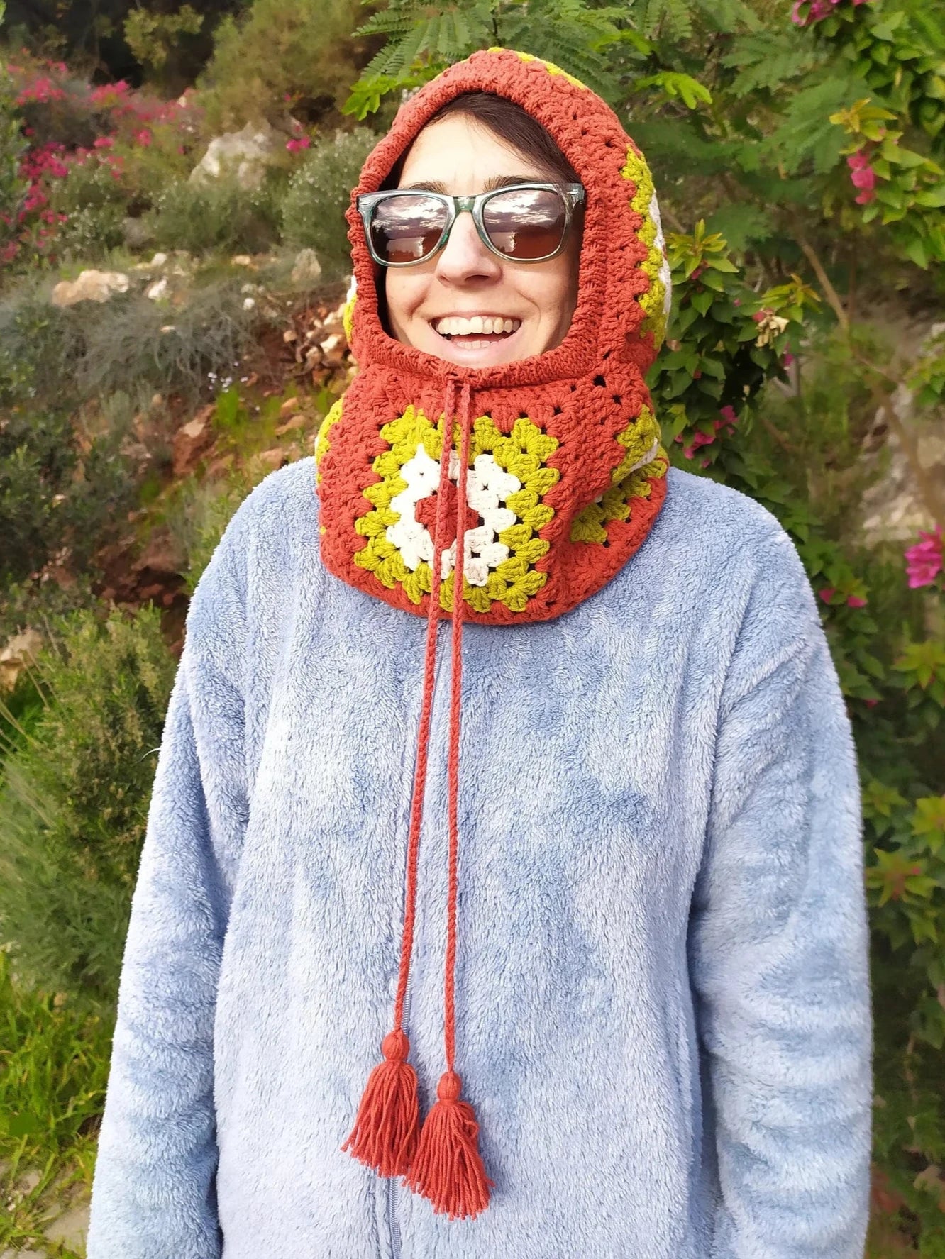 Cinnamon Color Granny Square Balaclava, Vegan Colorful Warm Winter Hat, Winter Clothing, Handknit Balaclava, Handmade Crochet Ski Mask