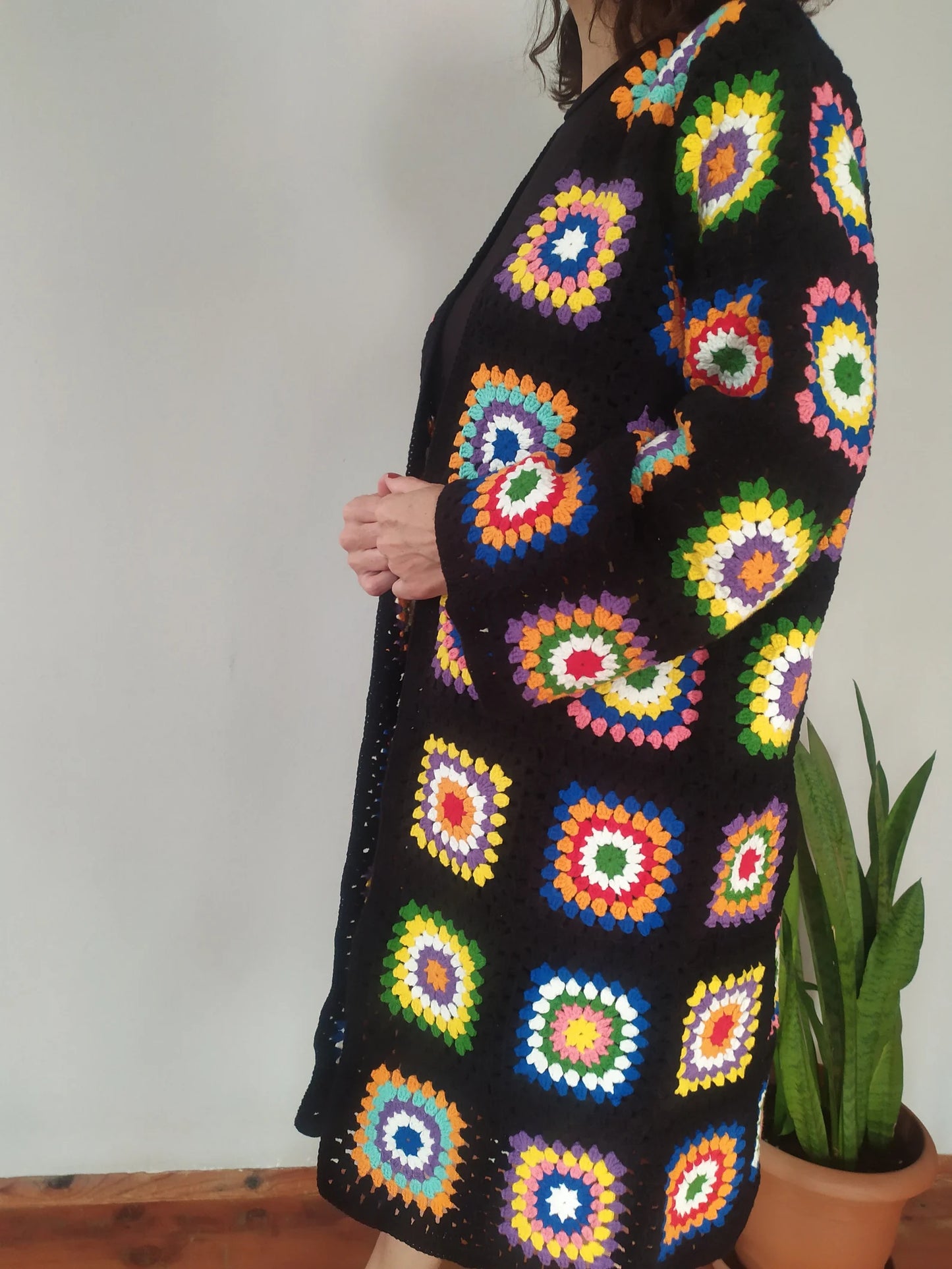 Ready For Ship Black Crochet Cardigan, Vintage Granny Square Long Cardigan, Colorful Cardigan, Handmade Winter Cardigan