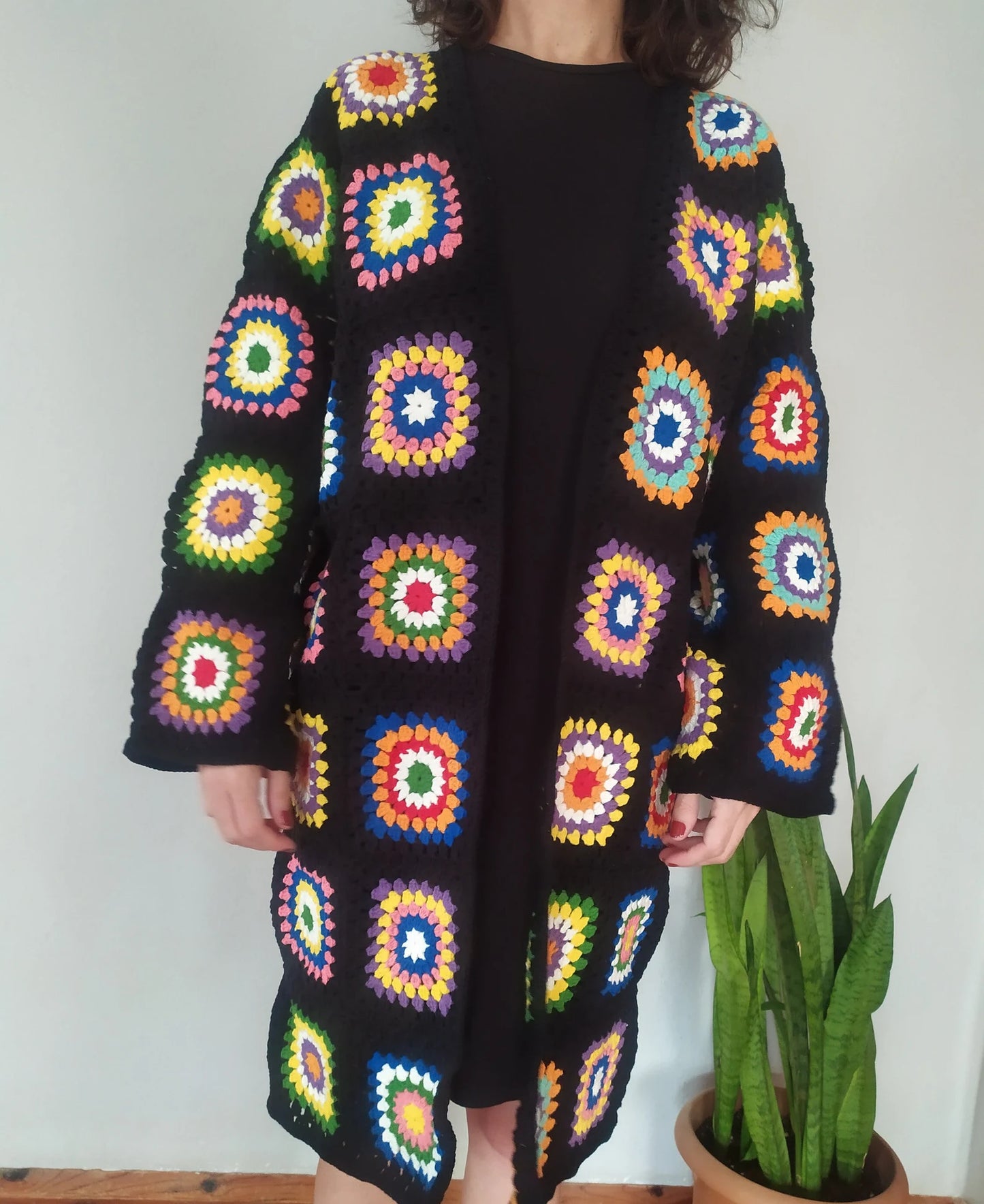 Ready For Ship Black Crochet Cardigan, Vintage Granny Square Long Cardigan, Colorful Cardigan, Handmade Winter Cardigan