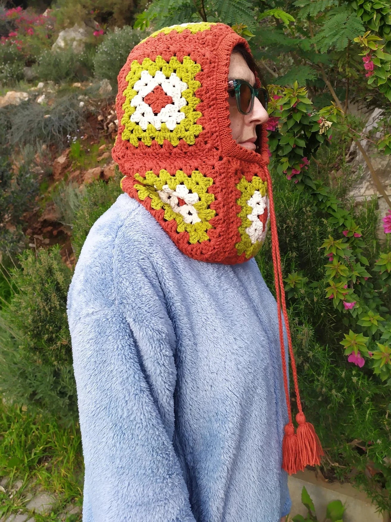 Cinnamon Color Granny Square Balaclava, Vegan Colorful Warm Winter Hat, Winter Clothing, Handknit Balaclava, Handmade Crochet Ski Mask