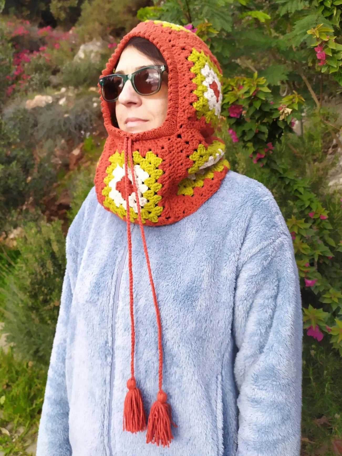 Cinnamon Color Granny Square Balaclava, Vegan Colorful Warm Winter Hat, Winter Clothing, Handknit Balaclava, Handmade Crochet Ski Mask