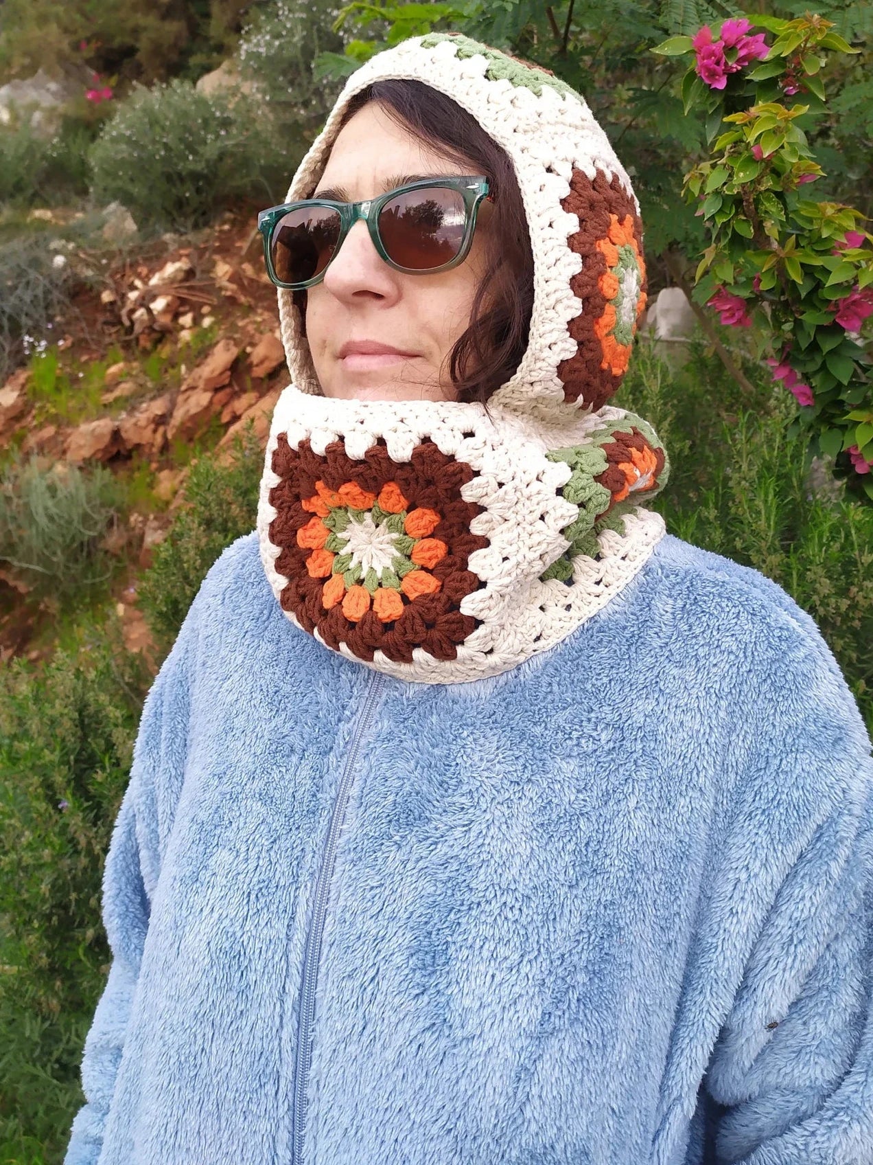 Cream Color Granny Square Balaclava, Vegan Colorful Warm Winter Hat, Winter Clothing, Handknit Balaclava, Handmade Crochet Ski Mask