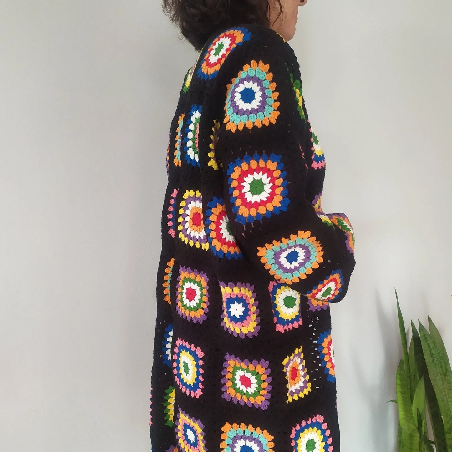 Ready For Ship Black Crochet Cardigan, Vintage Granny Square Long Cardigan, Colorful Cardigan, Handmade Winter Cardigan