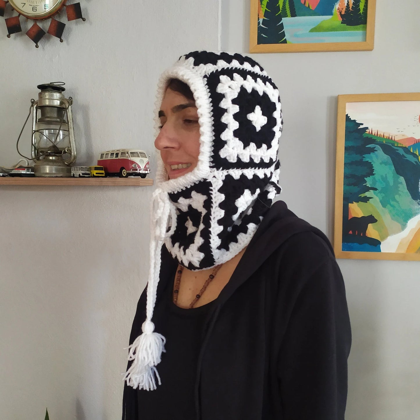 Black and White Granny Square Crochet Balaclava, Winter Clothing, Handknit Balaclava, Winter Warm Hat, Black and White Ski Mask