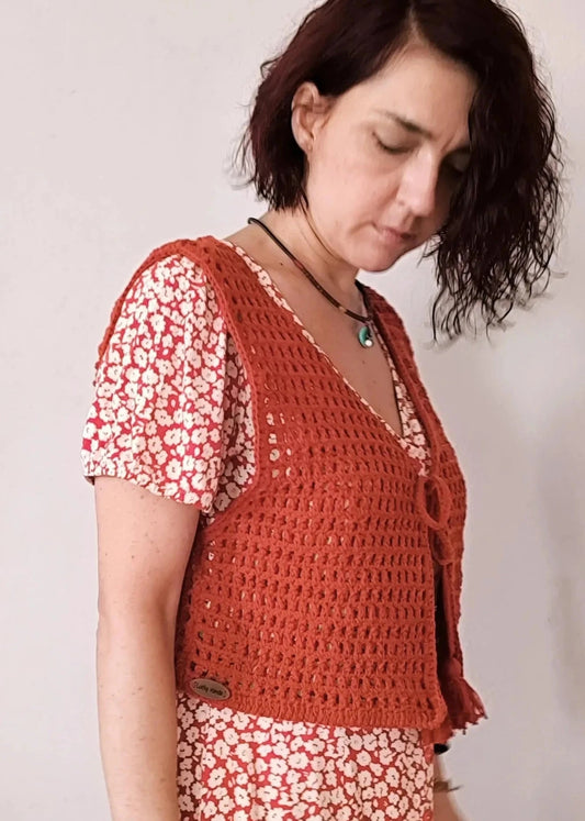 Mesh Crochet Tops, Cinnamon Color Summer Festival Top, Knit Vest Top, Vegan Crop Gift Woman Crochet Clothing (Copy)