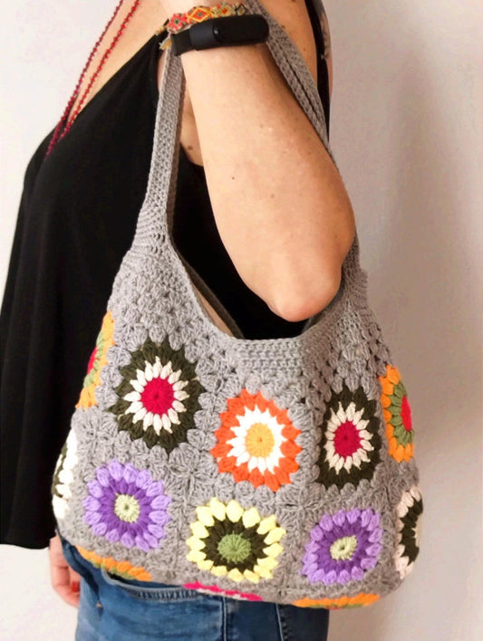 Gray Handknit Bag, Gray Summer Boho Granny Square, Vintage Hippie Colorful Crochet Bag, Christmas Gifts